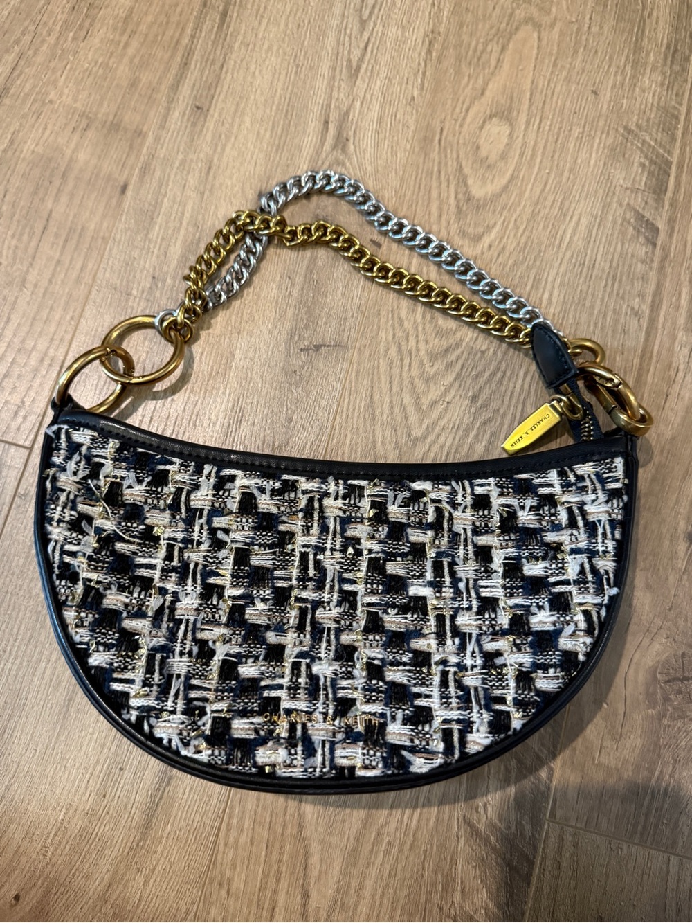 Charles & Keith Chic Navy, Gold & White Tweed Half-Moon Convertible Shoulder Bag